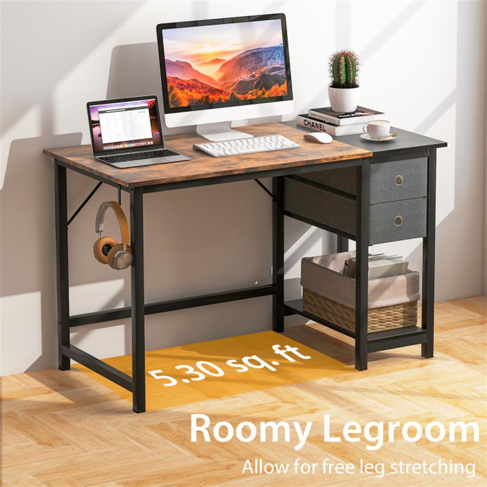Demi Bonn 48" Home Computer Desk with 2 Drawers Hanging Hook, Office Desk Study Writing Table, Brown