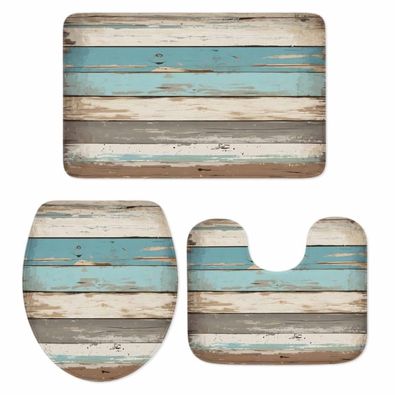Farmhouse Blue Grey Brown Bath Mat 3 Piece Bathroom Rug Set, Vintage Ombre Wooden Non Slip Bath Rug Contour Mat and Toilet Lid Cover, Absorbent Shower Mats Soft Bath Rugs and Mats Sets