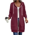 thumbnail image 2 of Xaqiouau Womens Solid Color Athleisure Coat Polyester Blend Relaxed Full Zip Drawstring Hooded Longline Sweatshirt Stitched Exterior Pocket Fall Winter Outerwear Wine XXL, 2 of 7