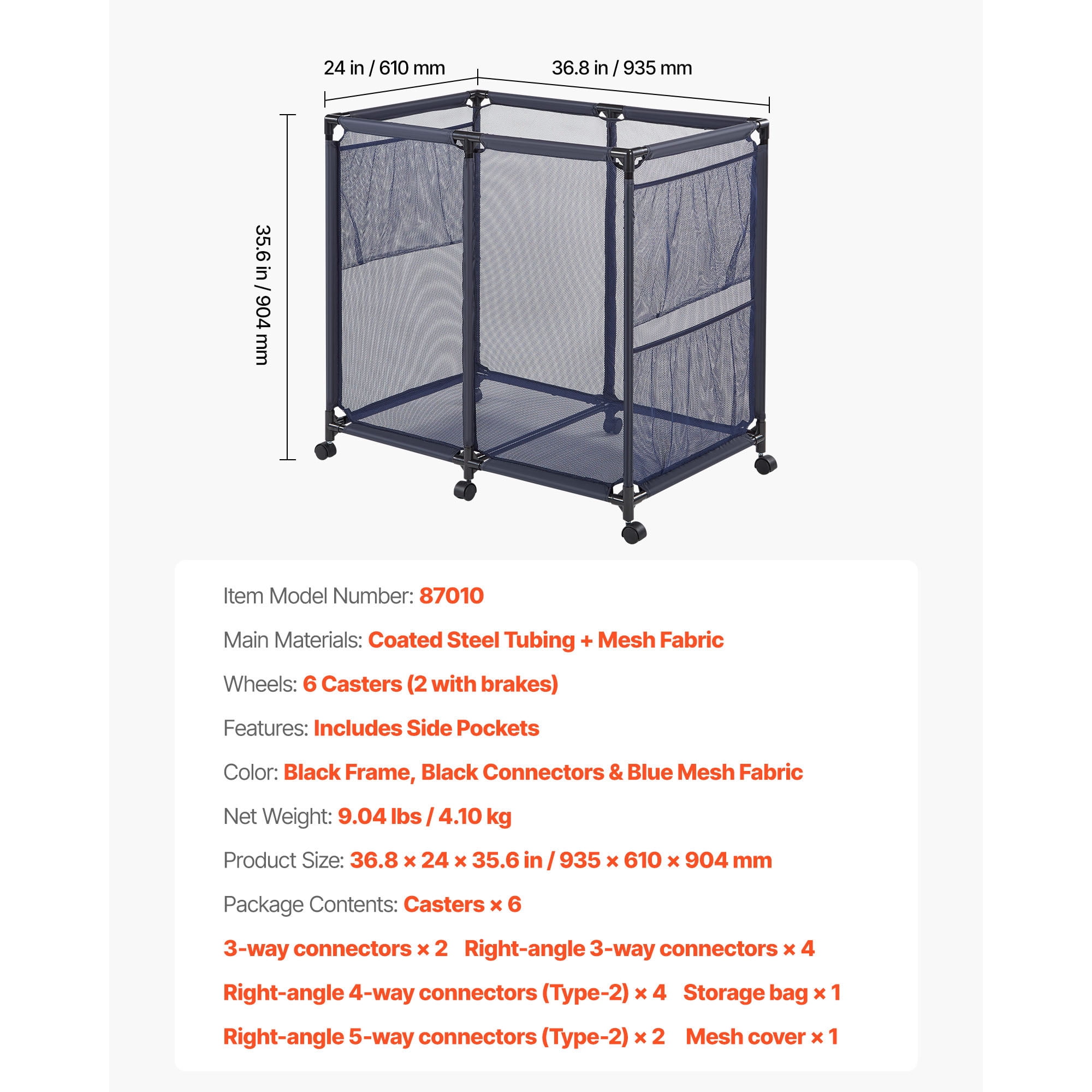 KFFKFF Pool Storage Bin, 36.8 x 24 x 35.6 in, Rolling Organizer with Side Pockets & Casters, Durable Metal Frame, Poolside Holder for Toys, Noodles, and Mesh Basket for Swimming Areas