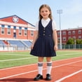 thumbnail image 2 of YAYUBA Girls 2 in 1 School Uniform Dress Short Sleeve Pleated Jumper Button Down Shirts Dresses 7-8 Years Navy, 2 of 7