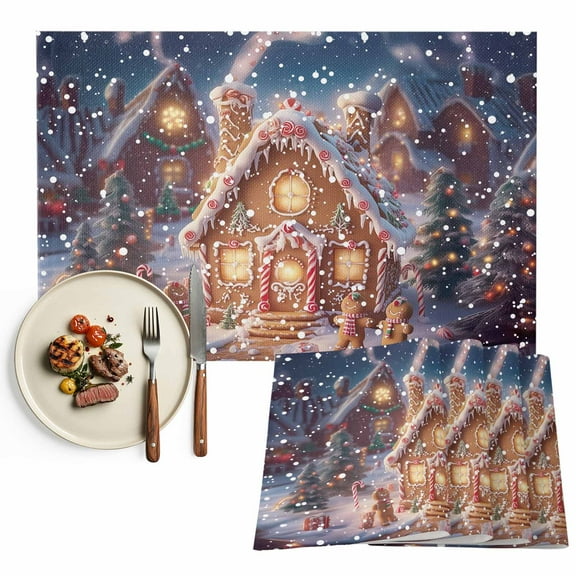 Gingerbread Man Christmas Placemats Set of 2, Winter Snowy Scene Table Mats Washable Heat-Insulation Non-Slip Place Mats for Kitchen Dinner Table Indoor Outdoor Decor,13x19 Inch White