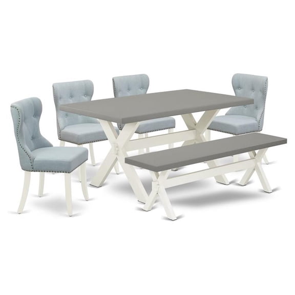East West Furniture X096SI215-6 6-Piece Dining Room Table Set- 4 Dining Padded Chairs with Baby Blue Linen Fabric Seat and Button Tufted Chair Back - Rectangular Top & Wooden Cross Legs Kitchen...