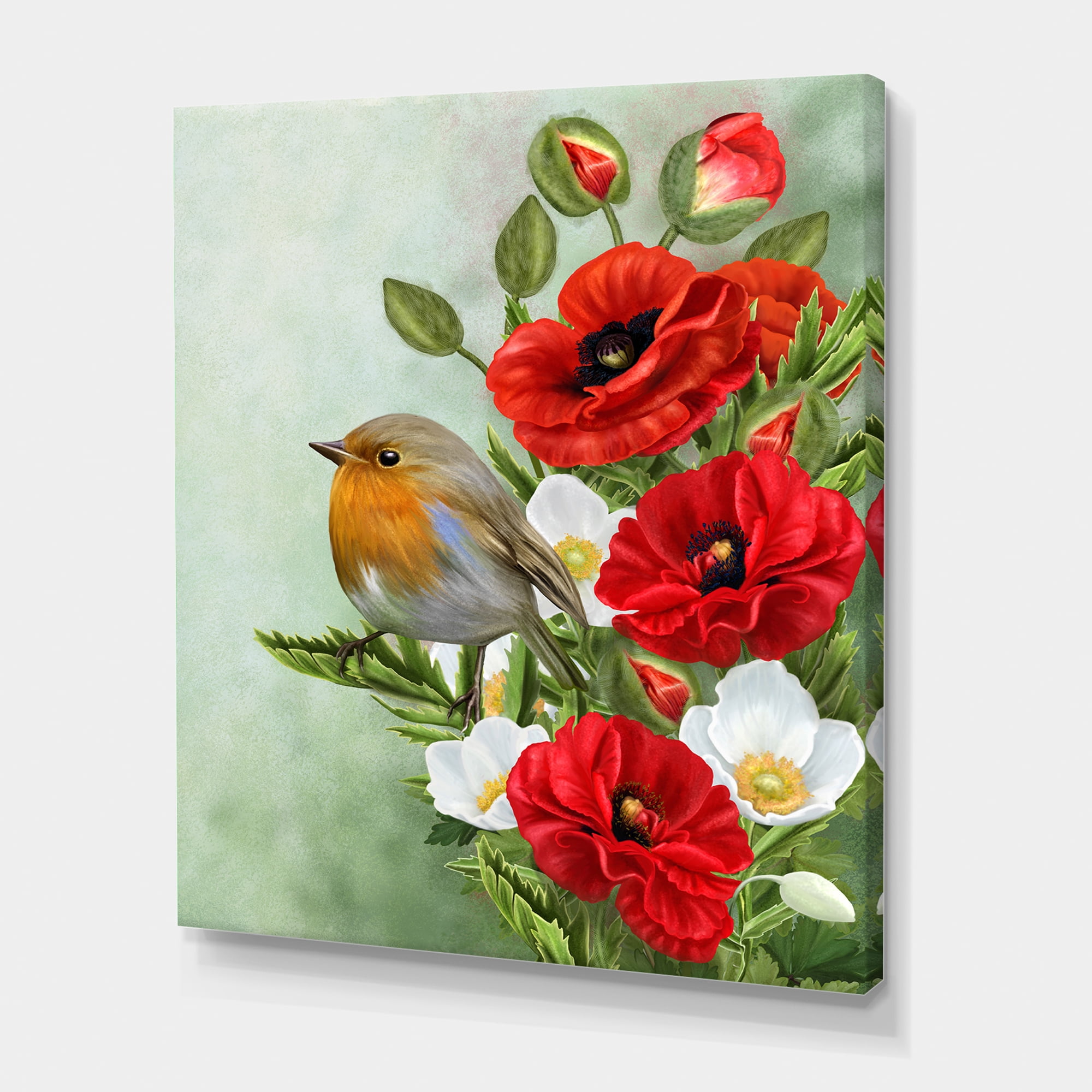 Designart ' Red Poppies and White Anemones With Yellow Bird ' Traditional Canvas Wall Art Print