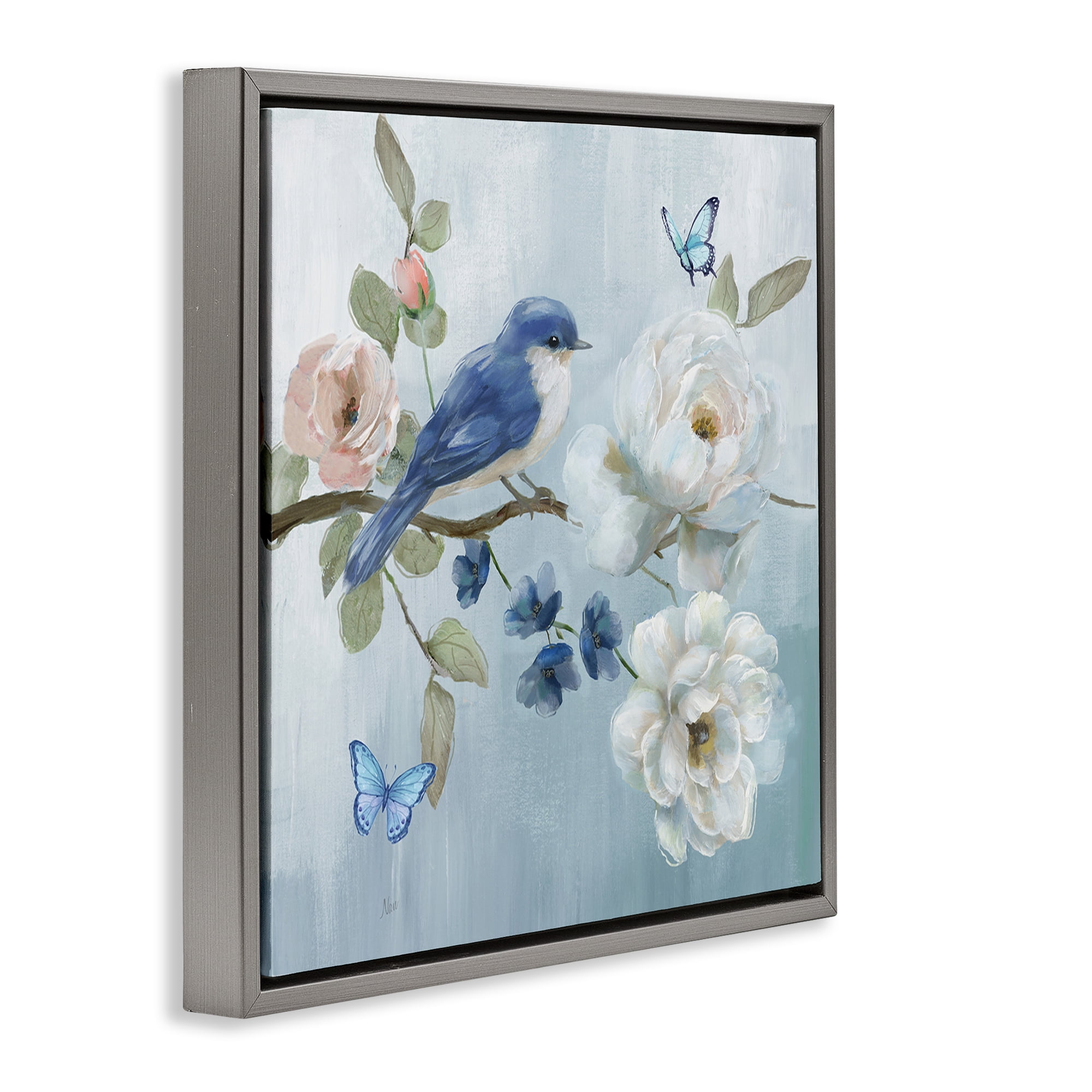 Stupell Industries Blue Bird Tranquility Gray Framed Floater Canvas Wall Art, design by Nan