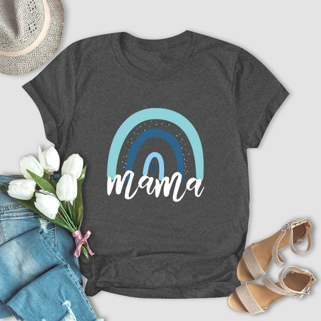 SMihono Hauts pour Femmes Été Chic Décontracté Mode Féminine Fête des Mères Lettre Imprimé Arc-en-Ciel Col Rond Manches Courtes Blouse Haut T-Shirt Oversize pour Femmes