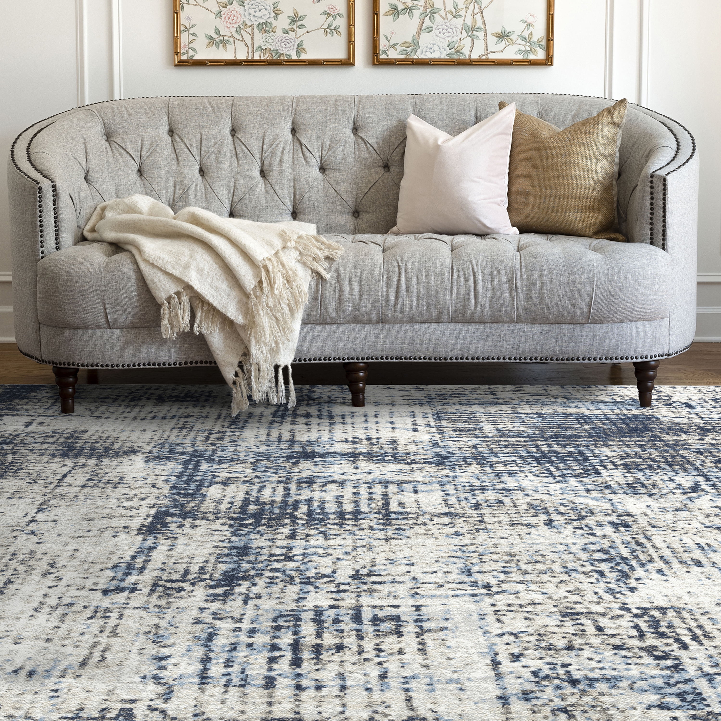 Contemporary 9x12 Area Rug (8'9'' x 11'3'') Abstract Navy, Navy Living Room Easy to Clean