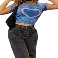 thumbnail image 2 of Femmes Manches Courtes Coeur Graphique Cravate Teinture Imprimer Slim Fit Crop Tops, 2 of 6