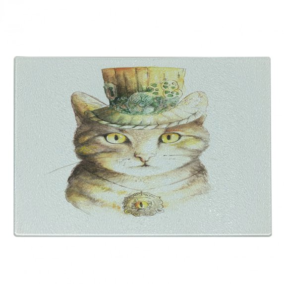 Cat Cutting Board, Pet Hat and Occult Eye Collar Grunge Celtic Trick Theme Print, Decorative Tempered Glass Cutting and Serving Board, Small Size, Yellow and Grey, by Ambesonne