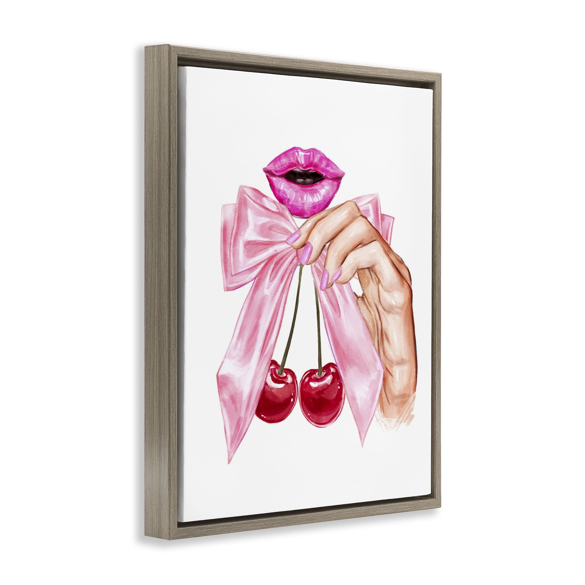 Stupell Industries Lips & Feminine Cherries Brown Framed Floater Canvas Wall Art, design by Ziwei Li