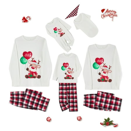 

Suanret Christmas Family Matching Pajamas Set Elk Print Long Sleeve Tops and Plaid Pants Sleepwear Nightwear White Red Mom-XL