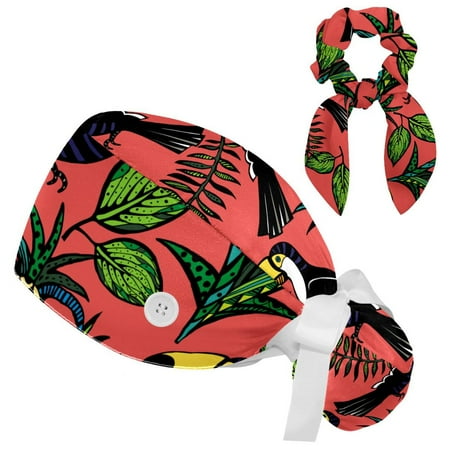 

Working Cap with Buttons and Sweatband Scrub Hat Bouffant Caps with Scrunchie Tropical Bird Tie Back Hats