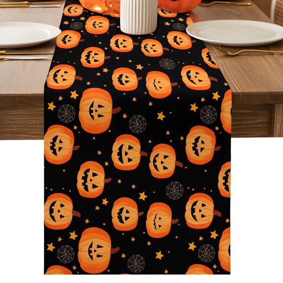 Halloween Table Runner, Ghosts Smiling Pumpkin Star Cotton Linen Table Cloth, Tablerunner for Kitchen Dining Party Wedding Home Decor 13x36 Inch