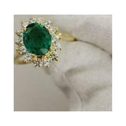 ARENAGEMSJEWELLERY Natural Certified Emerald and Diamonds Princess Diana Ring in 14K Yellow Gold, Green Emerald Engagement Ring, Unique Gold Ring Emerald