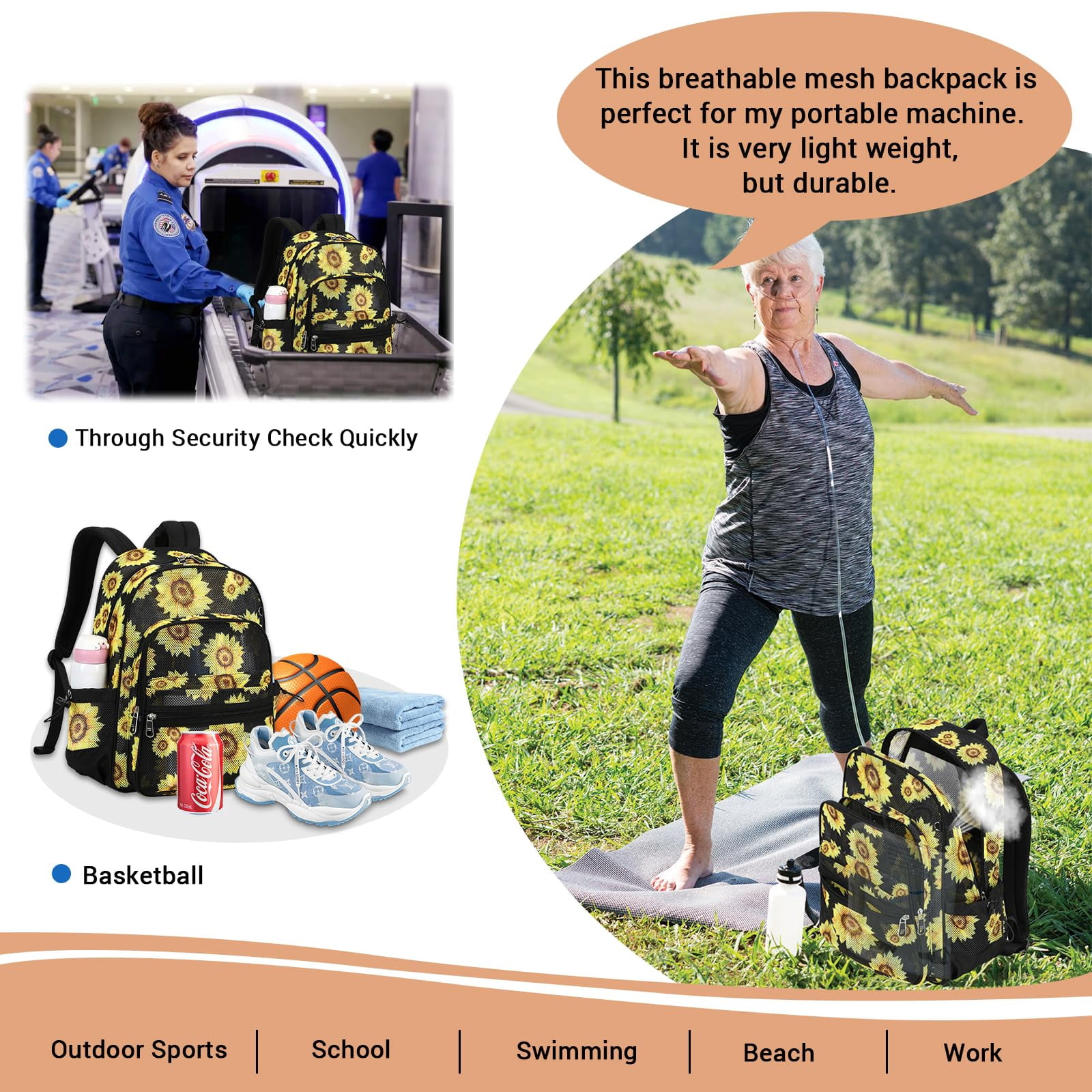 Soda Candy Mesh Backpack Heavy Duty See Through School Backpacks Transparent Bookbag Semi-Transparent Net Book Bags for Swimming, Beach, Sports, Work, Travel, Black Sunflower