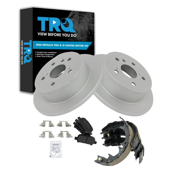 TRQ Rear Brake Pad & Rotor Kit Brake Pads Brake Rotor Parking Brake Shoe Set Semi-Metallic Premium G-Coated Fits Select 2005-2007 Toyota Avalon 2002-2006 Camry 2004-2008 Solara