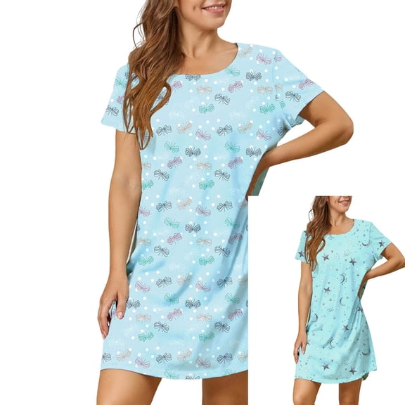 Endives Women's Nightgown Soft Cotton Short Sleeve Sleep Dress Breathable Summer Pajama Dress Crewneck Sleepshirt Loose Fit Nightshirt for Ladies Nighties For Women Sky Blue M