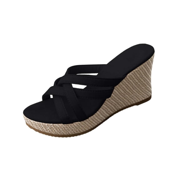 HomeDM Womens Wedge Sandals Open Toe Slip On High Heels Slides Summer Beach Vacation Sandals, Black Size 7