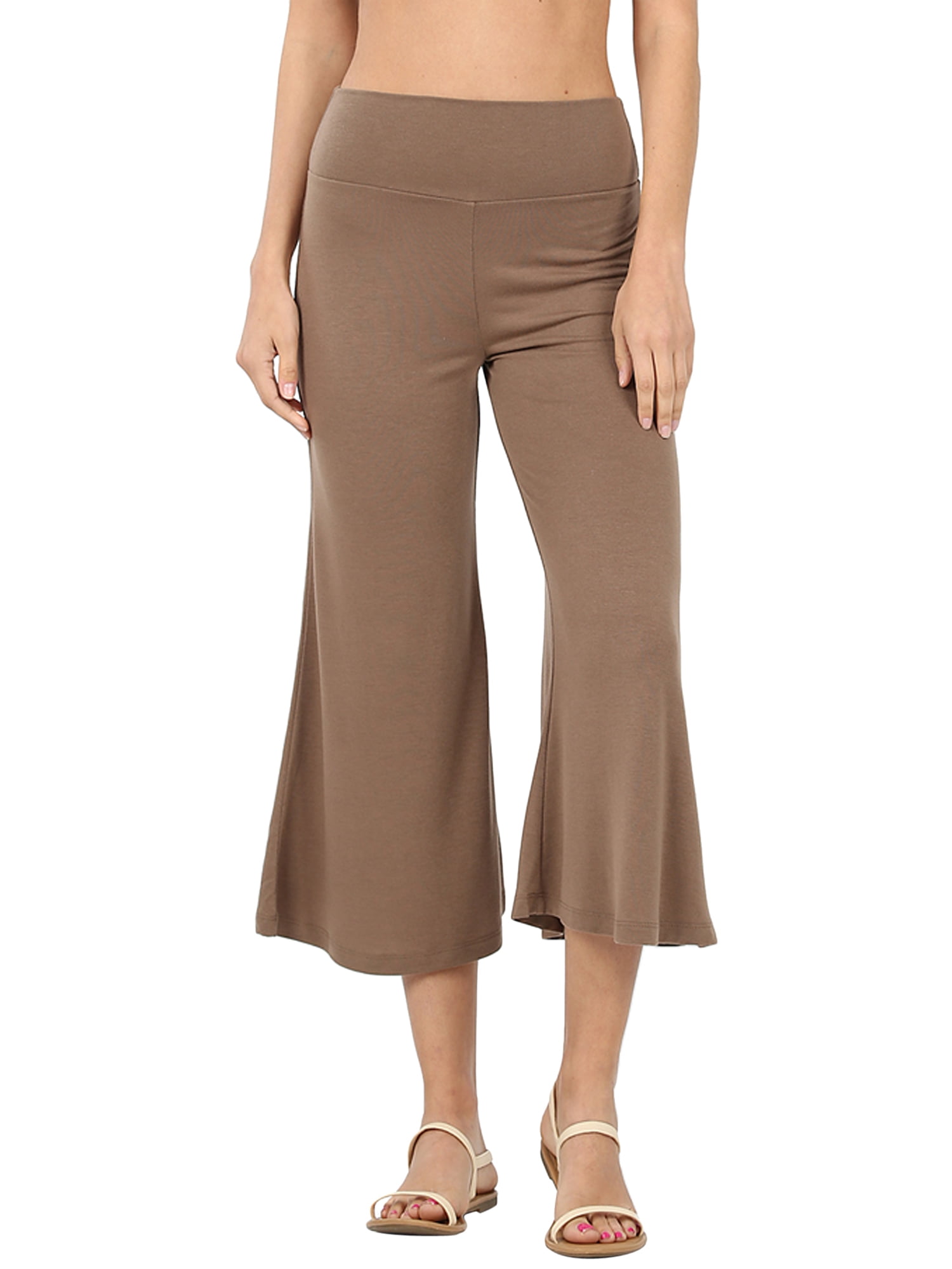 Women Solid Culottes Gaucho Flared Wide Leg Capri Length Pants (Mocha
