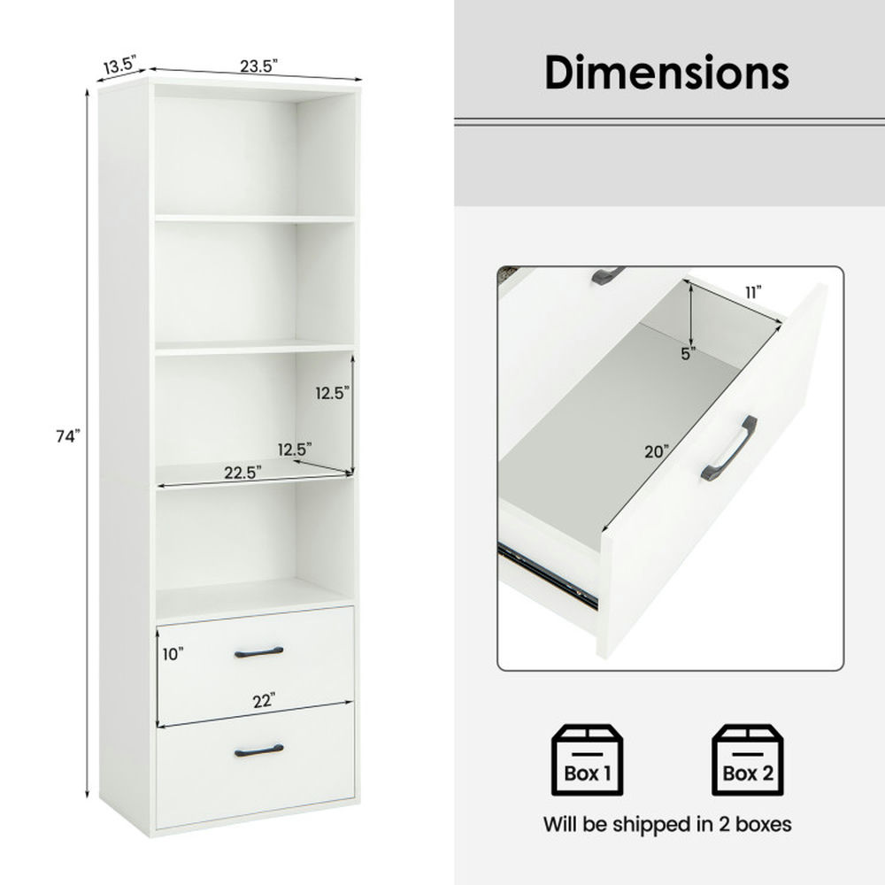 Demi Bonn 6-Tier Tall Freestanding Bookcase with 4 Open Shelves and 2 Drawers, White