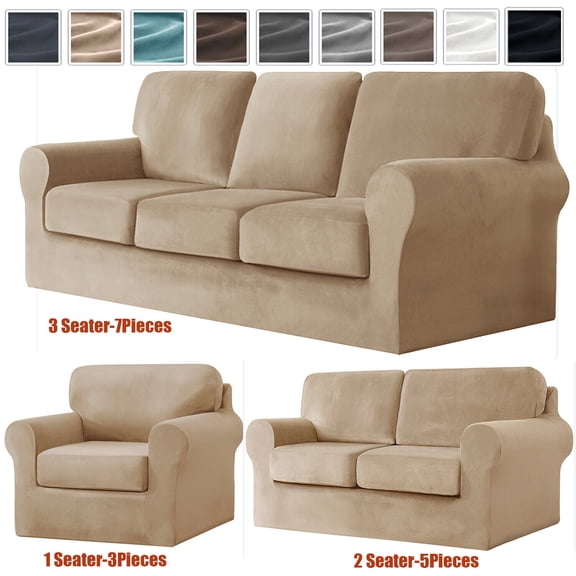 JIAN YA NA Stretch Velvet Sofa Cover with Separate Cushion Slipcover (Beige, 1 Seater-3 Pieces)