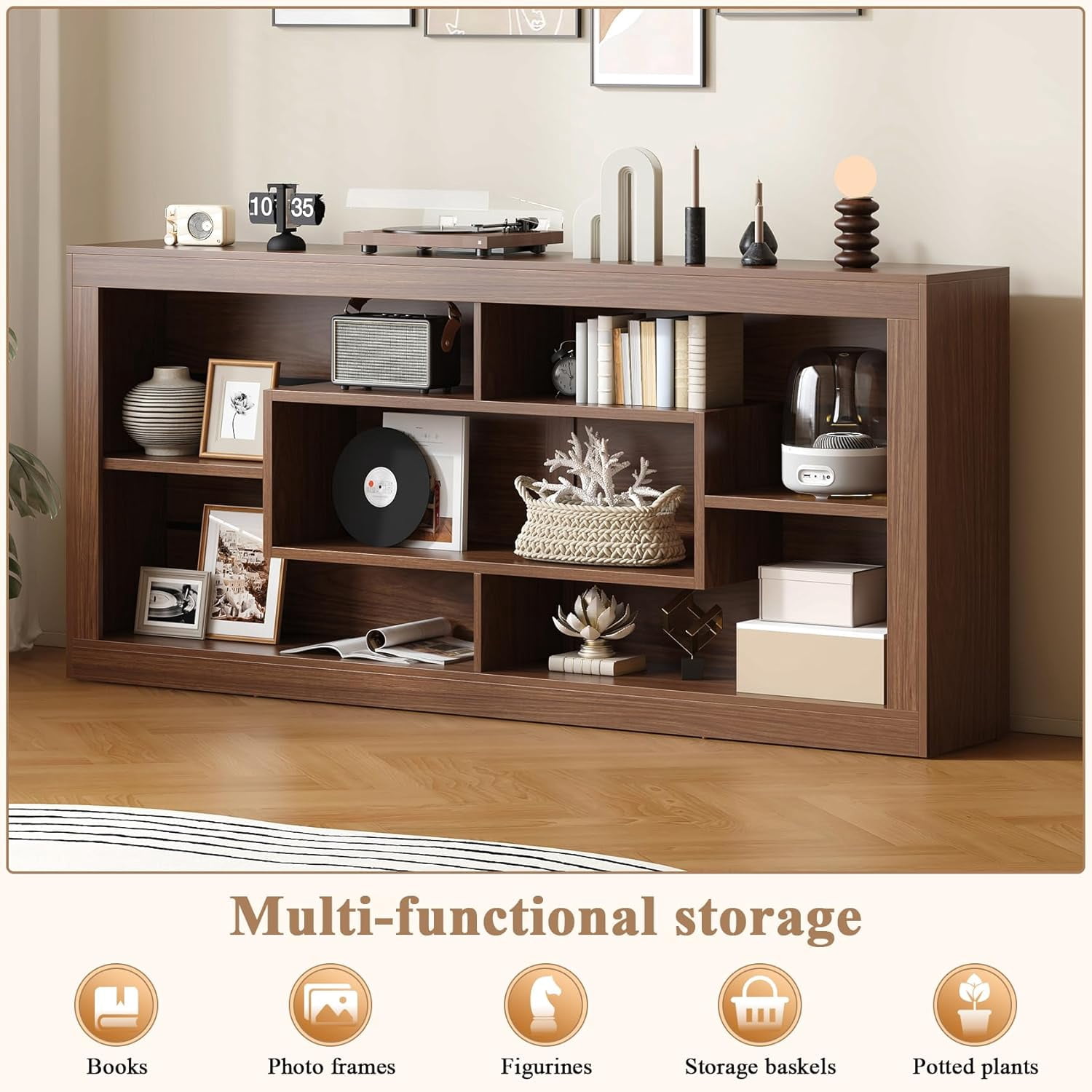Winkalon Modern Farmhouse 7-Cube Storage Organizer Bookcase, 71” Wide Bookshelf, Large Floor Standing Cubby Shelf Unit with Anti-Tip Kit for Home Office, Living Room, Bedroom,Brown