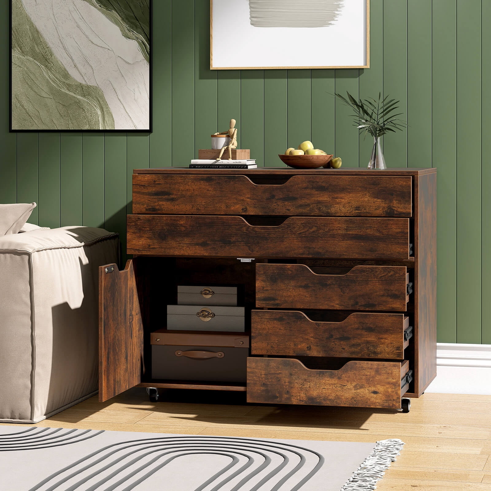 Costway 5-Drawer File Cabinet Mobile Chest of Drawers with Side Cabinet 5 Casters Brown