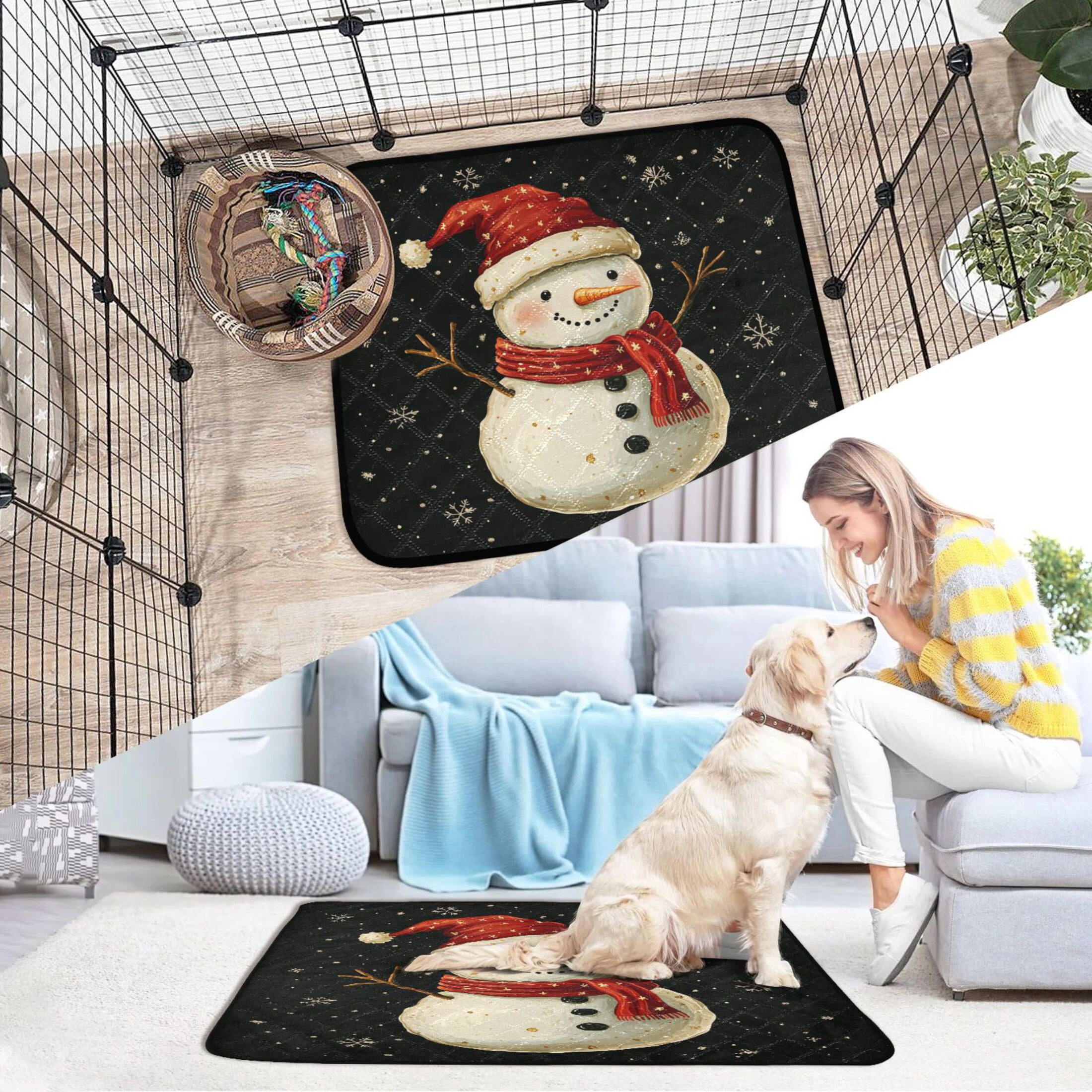 Qxltty Snowman Wearing Red Hat on Black Background Cat litter Pads Pet Set of 3 Diaper Mats Center Anti-leakage Layer Absorbent Soft and Comfortable