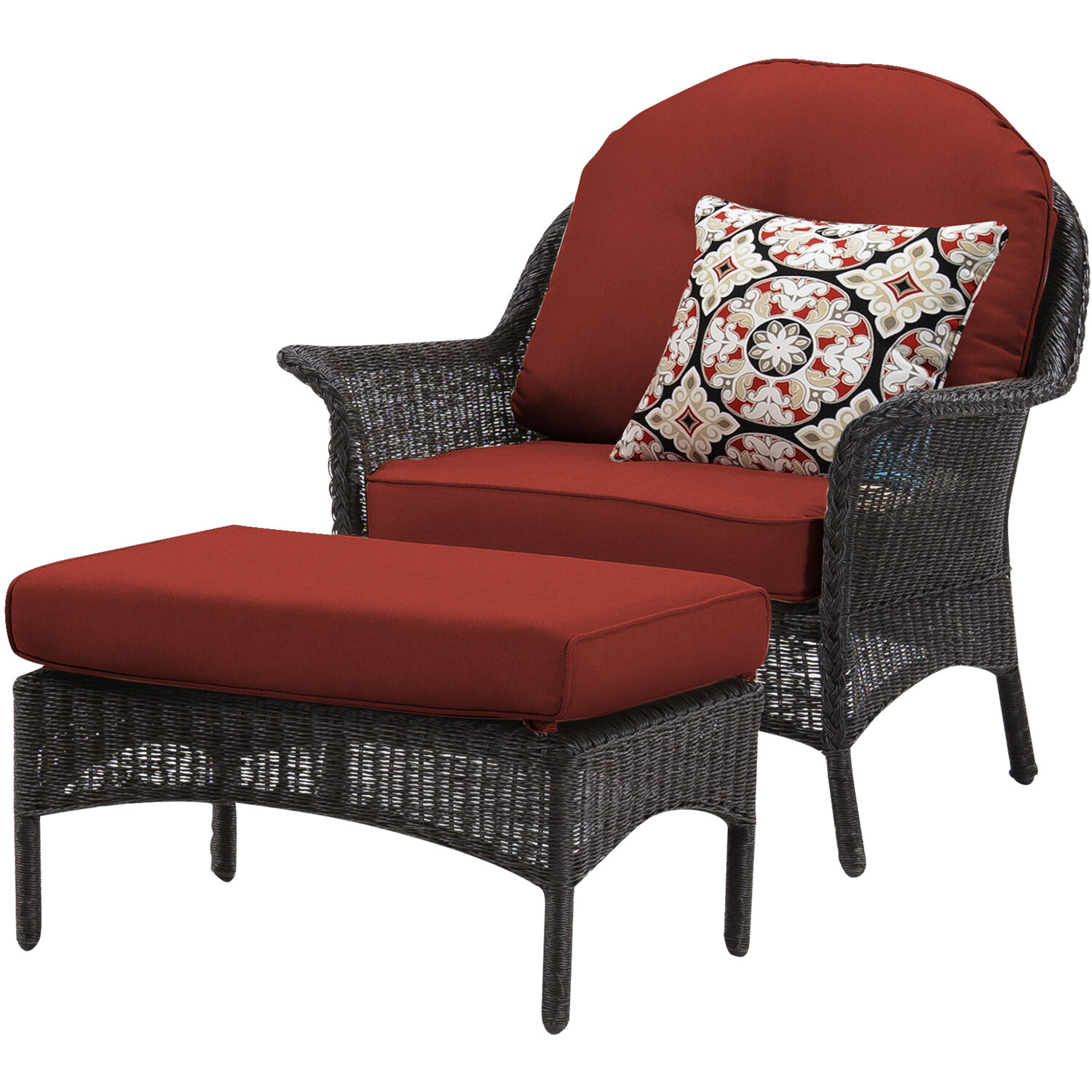 Hanover Sun Porch 6-Pc. Resin Lounge Set w/ Handwoven Loveseat, 2 Armchairs, 2 Ottomans, Coffee Table and Plush Crimson Red Cushions - image 3 of 12
