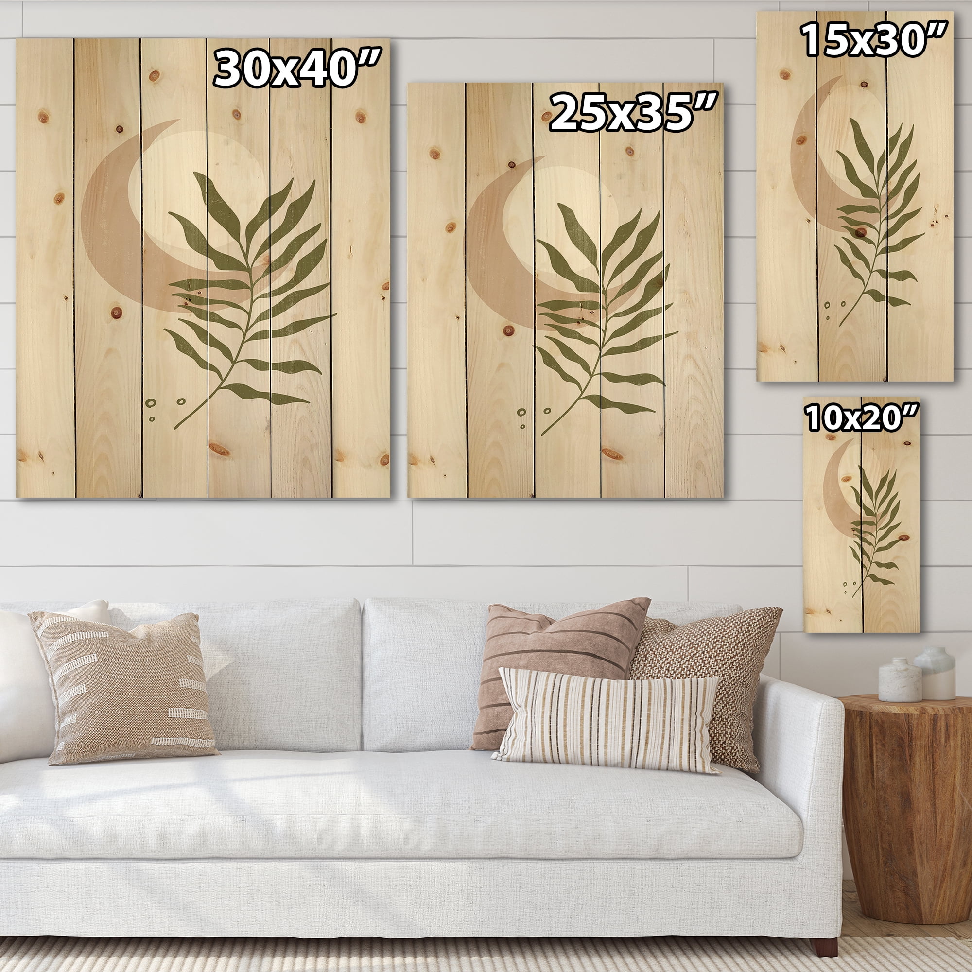 Designart 'Abstract Geometrical Leaf With Moon II' Modern Print on Natural Pine Wood