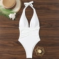 thumbnail image 5 of Iugvhana Women's One Piece Swimsuit Halter Deep V Neck Bathing Suits Tummy Control Ruched Swimwear Push Up Backless Vintage Swimsuits White M, 5 of 5