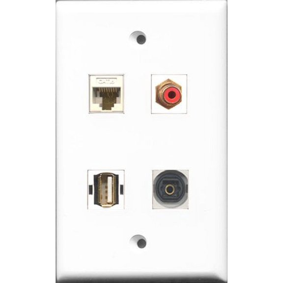 RiteAV 1 Port RCA Red and 1 Port USB A-A and 1 Port Toslink and 1 Port Cat6 Ethernet White Wall Plate