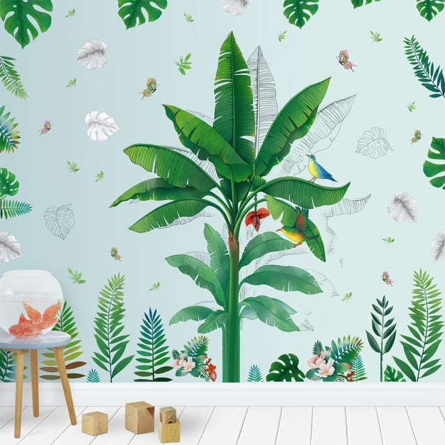 Árbol verde gigante Pegatinas de pared 3D Hoja de árbol tropical Flores Pegatinas de pared DIY Ramas de árboles extraíbles Hojas Mariposa Planta Decoración de pared para habitación de niños JAMW Sencillez