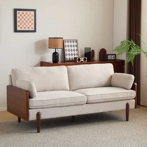 Mid-Century Modern Sofa with Slim Track Arms and Wood Frame, Beige