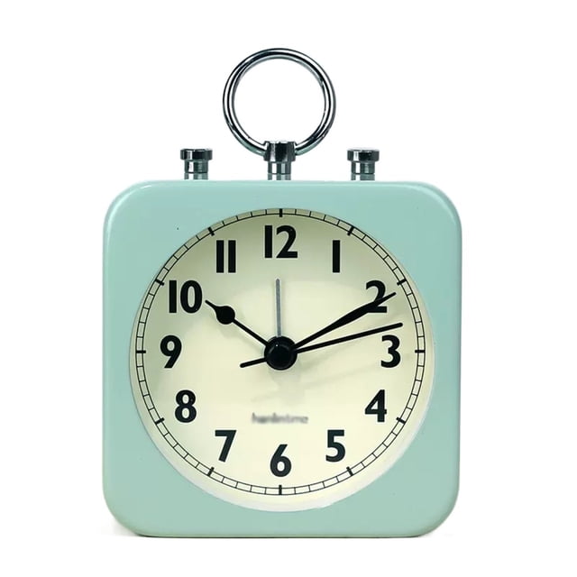 Reloj despertador con caja metálica cuadrada, pequeño, funciona con pilas y sin tictac.