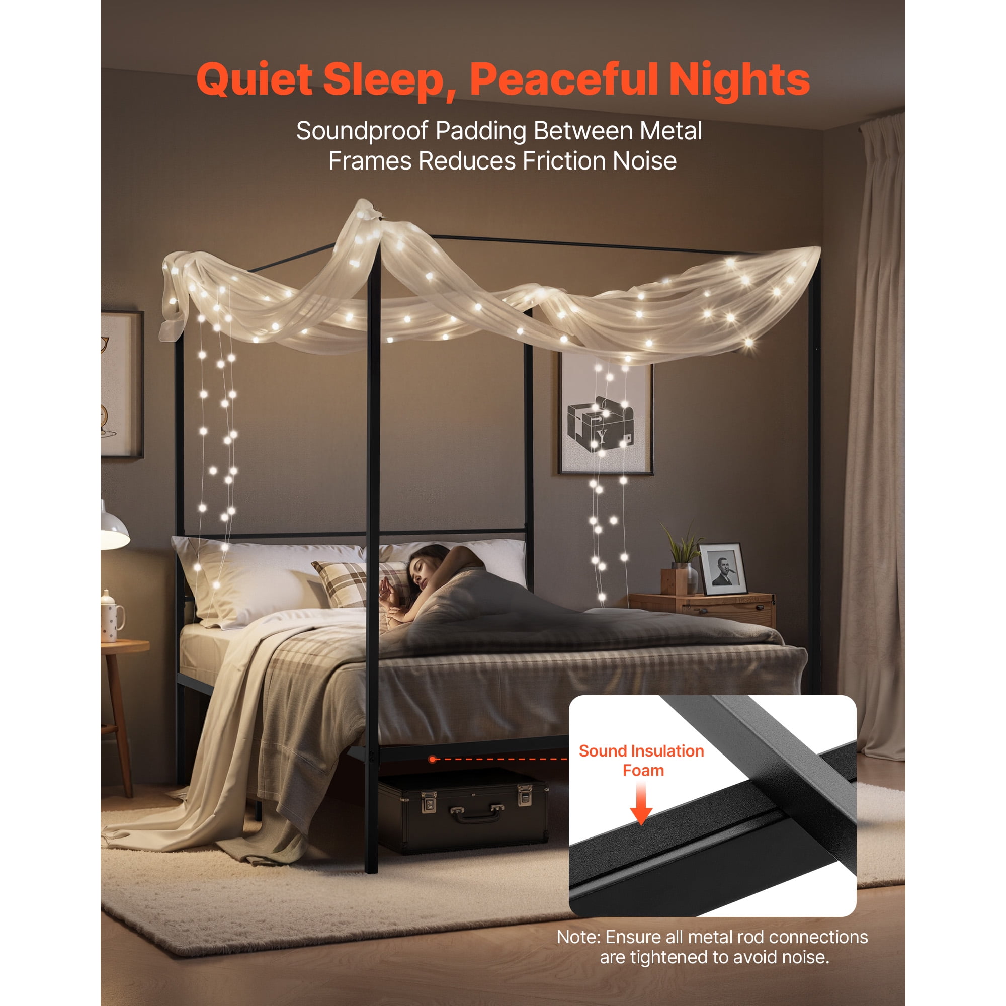 KFFKFF Queen Size Canopy Bed Frame for Bedroom, Durable Steel Bed Frame, Ample Underbed Storage, No Box Spring Required, Simple Assembly, Black