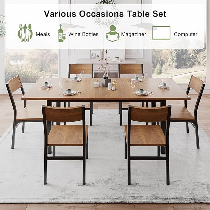 iPormis 63" Extendable Kitchen Table Set for 4-6 People, 7-Piece Large Dining Table Set With 6 Chairs,Mid-Century Modern Dining Room Table,Walnut