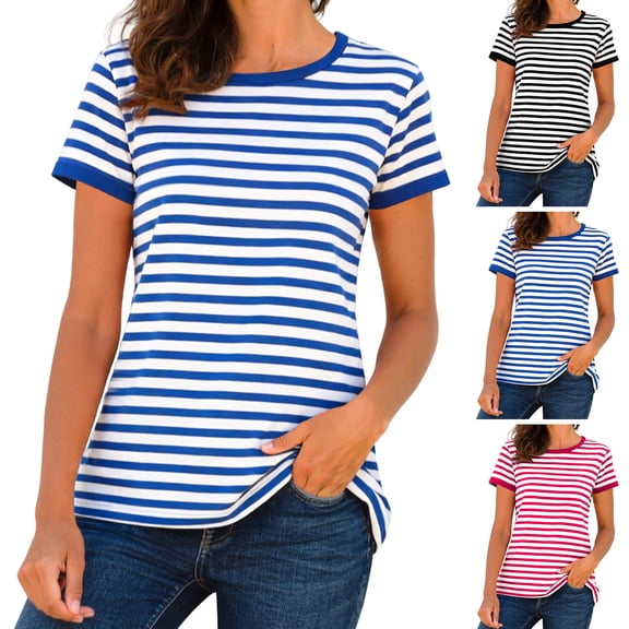 COMVALUE Striped Shirt Women Short Sleeve, Crewneck T-Shirts for Woman Stripes, Fitted Ribbed Tee Stretchy (Blue, XXL)