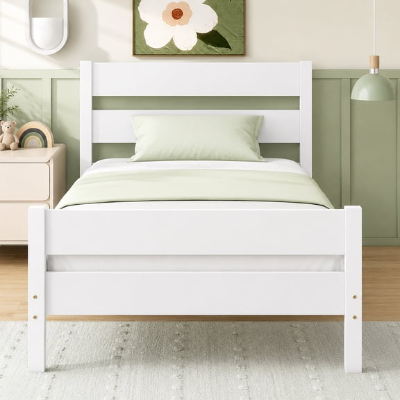 PAPROOS White Twin Bed Frame, Solid Wood Twin Platform Bed with Headboard and Footboard, Modern Twin Size Bed Frame with Slats Support, No Box Spring Needed