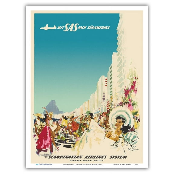 Fly to South America - Rio de Janerio Brazil - with SAS Scandinavian Airlines System - Vintage Airline Travel Poster by Otto Nielsen c.1953 - Master Art Print (Unframed) 9in x 12in