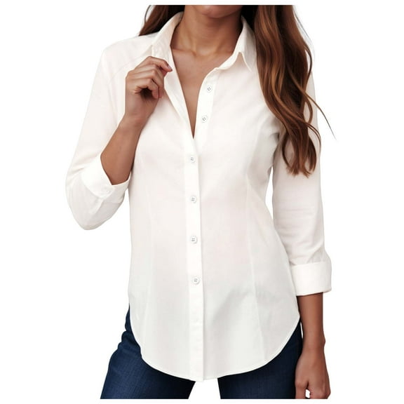 larppty Womens Button Down Shirts Cotton Dress Shirts Long Sleeve Collared Work Office Blouses Tunic Tops (White, M)