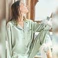 thumbnail image 2 of Hiloc-Pijama de satén con plumas para mujer, un solo pecho con pantalones de ropa de dormir, traje de casa con bolsillo, 2022, 2 of 4