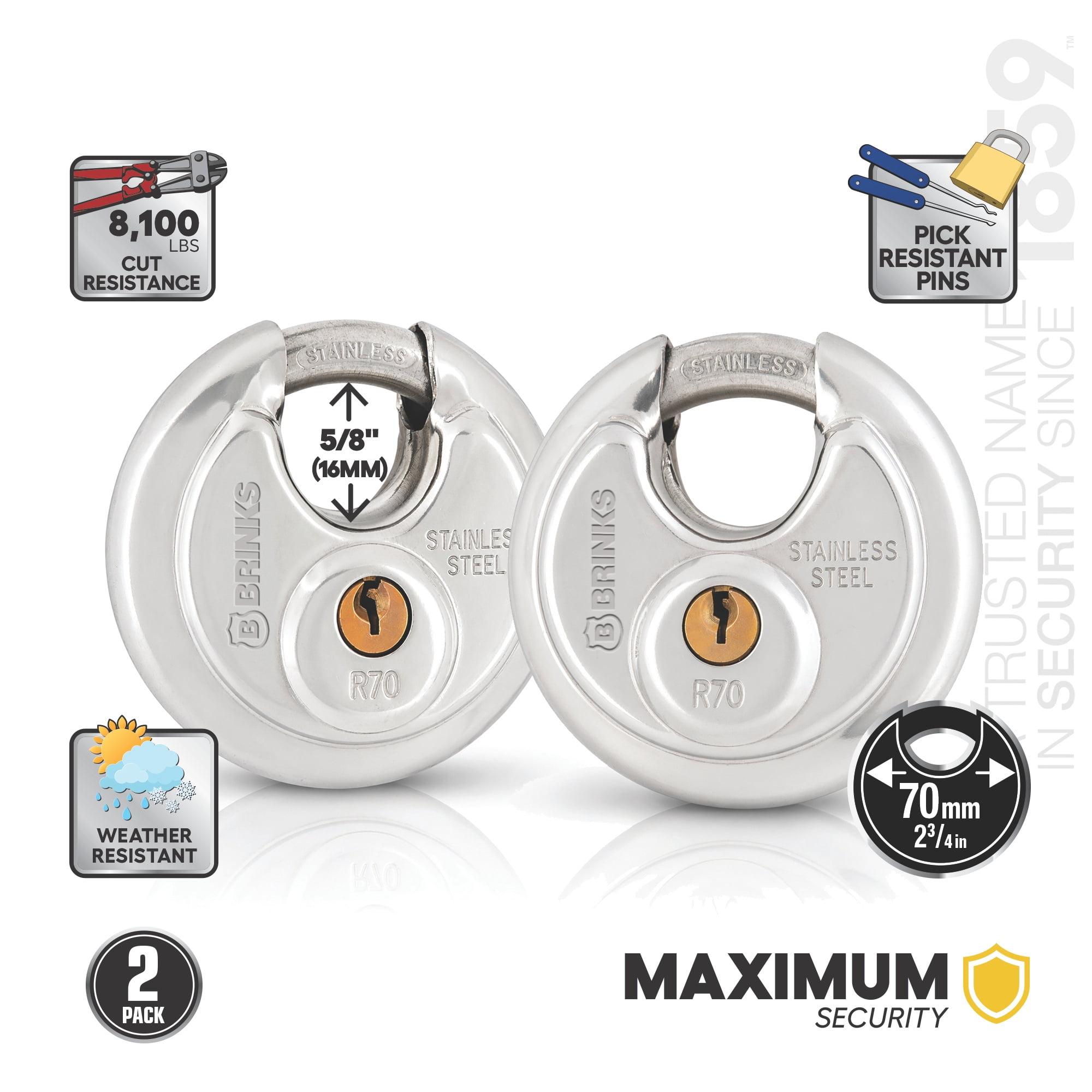 (2 pack) Brinks Stainless Steel 70mm Keyed Discus Padlock with 5/8in Shackle, 2 pack