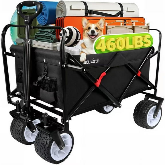 BEAU JARDIN Collapsible Folding Beach Wagon 460LBS Heavy Duty Foldable Wagon Grocery Utility Cart for Garden Sports Shopping Outdoor All Terrain Beach Wheel Black