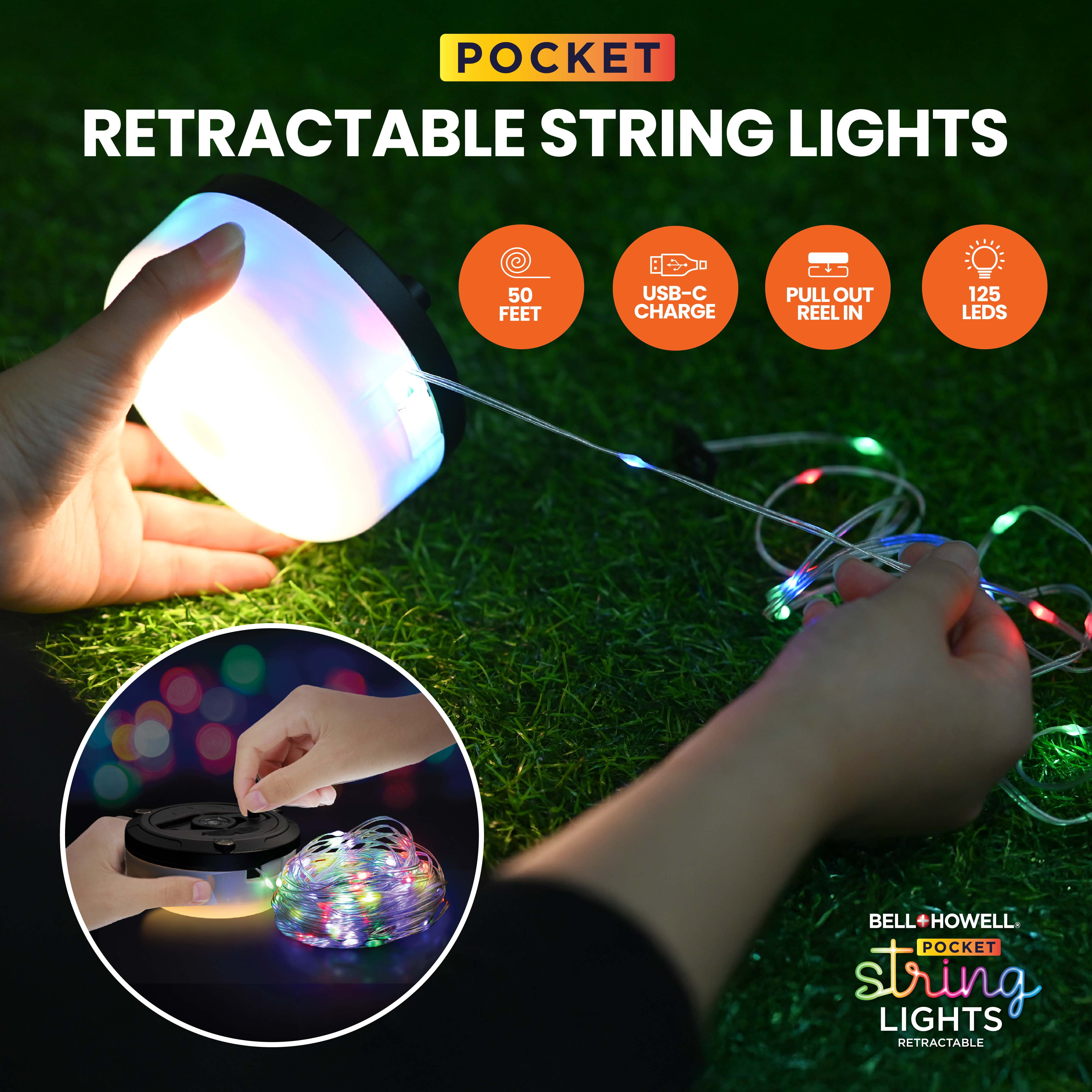 Bell + Howell 50 Ft Retractable Camping String Lights with Flash Light & Hanging Hook, 125 LEDs for Camping, Holidays, Portable String Lights Outdoor Waterproof IP65, USB-C Cable Included