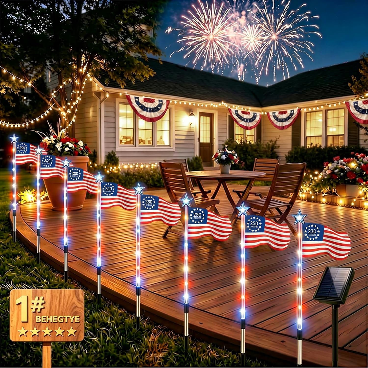 8 Pack Solar American Flag Pathway Lights - 250th Anniversary Patriotic Red White Blue Outdoor Stakes, 8 Modes Waterproof LED Garden Lights for 4th of July, Memorial Day & Independence Day Decor