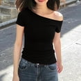 thumbnail image 2 of yillto Women's off Shoulder Tops Summer Casual Short Sleeve T Shirts Solid Color Slim Tee Clothes, 2 of 5
