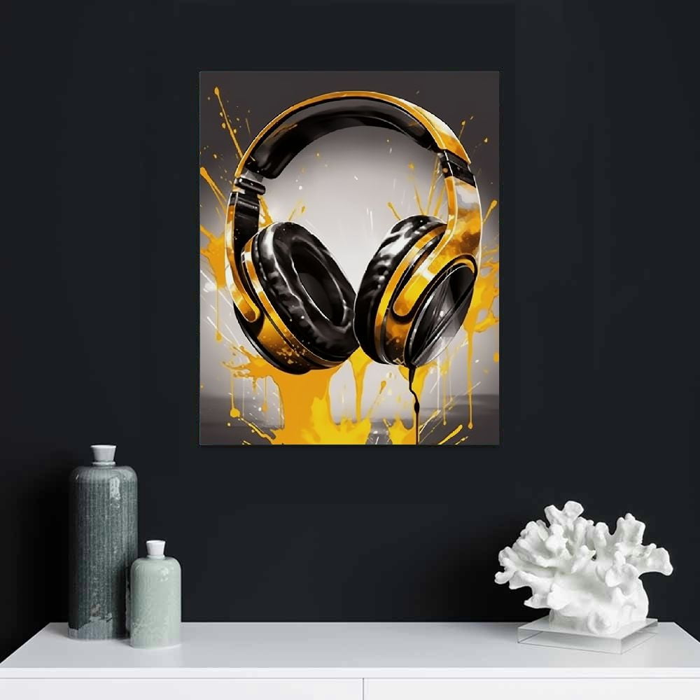 Nawypu  Teen Game Wall Decor Modern Graffiti Wall Art Black Gold Gamepad Headphones Canvas Print Boys Playroom Poster Street Game Painting Bedroom Dorm Game Room Man Cave Home Decor