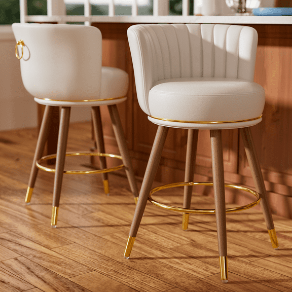 HomeZeer 26" Counter Height Bar Stools, Furniture Round Low Back Pedestal Bar Stool, PU Leather Swivel Bar Chair for Kitchen,White (Set of 2)