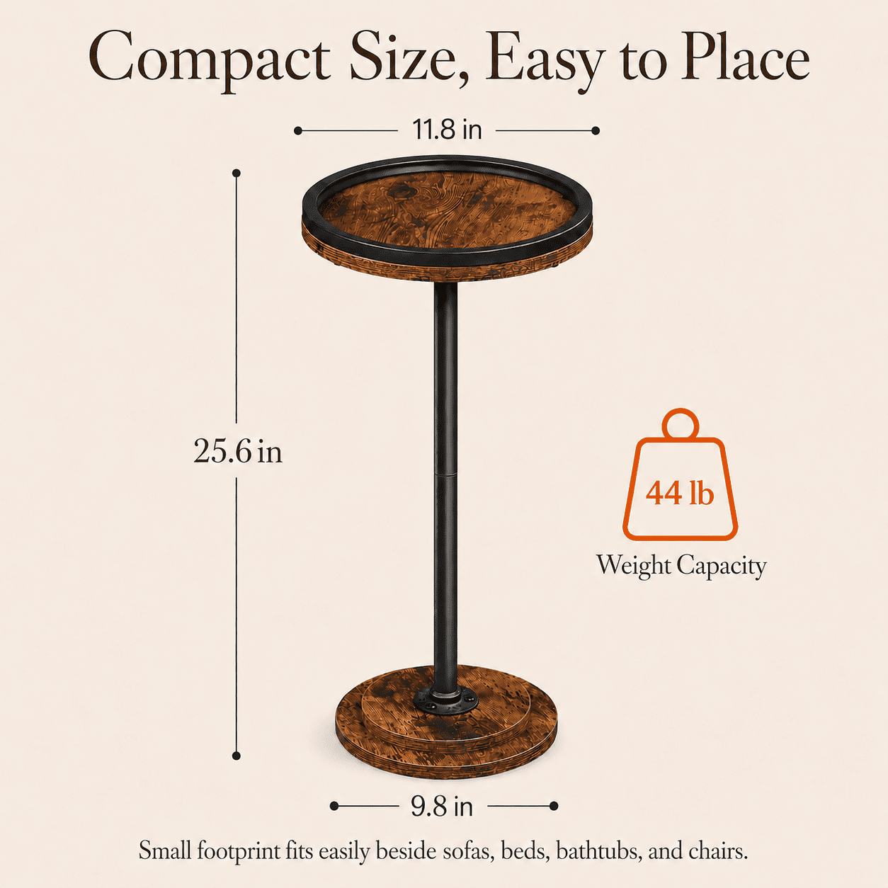 MEHOOM Round Side Table, Rustic Brown Drink Table for Small Spaces, Modern Accent End Table for Living Room, Bedroom